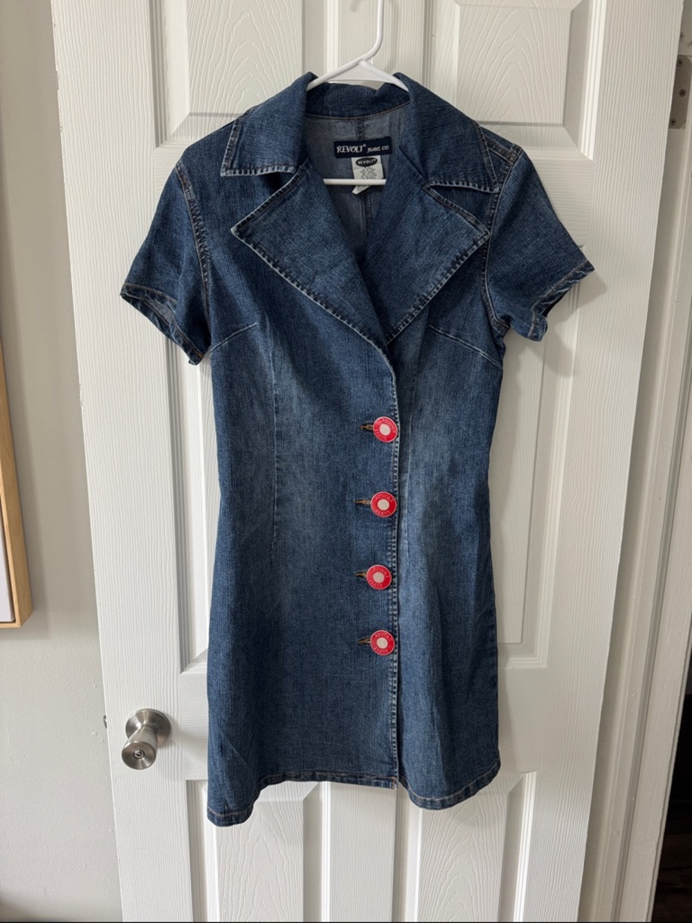VINTAGE Revolt Jeans Dark Blue Denim Mini Dress with Red Buttons
